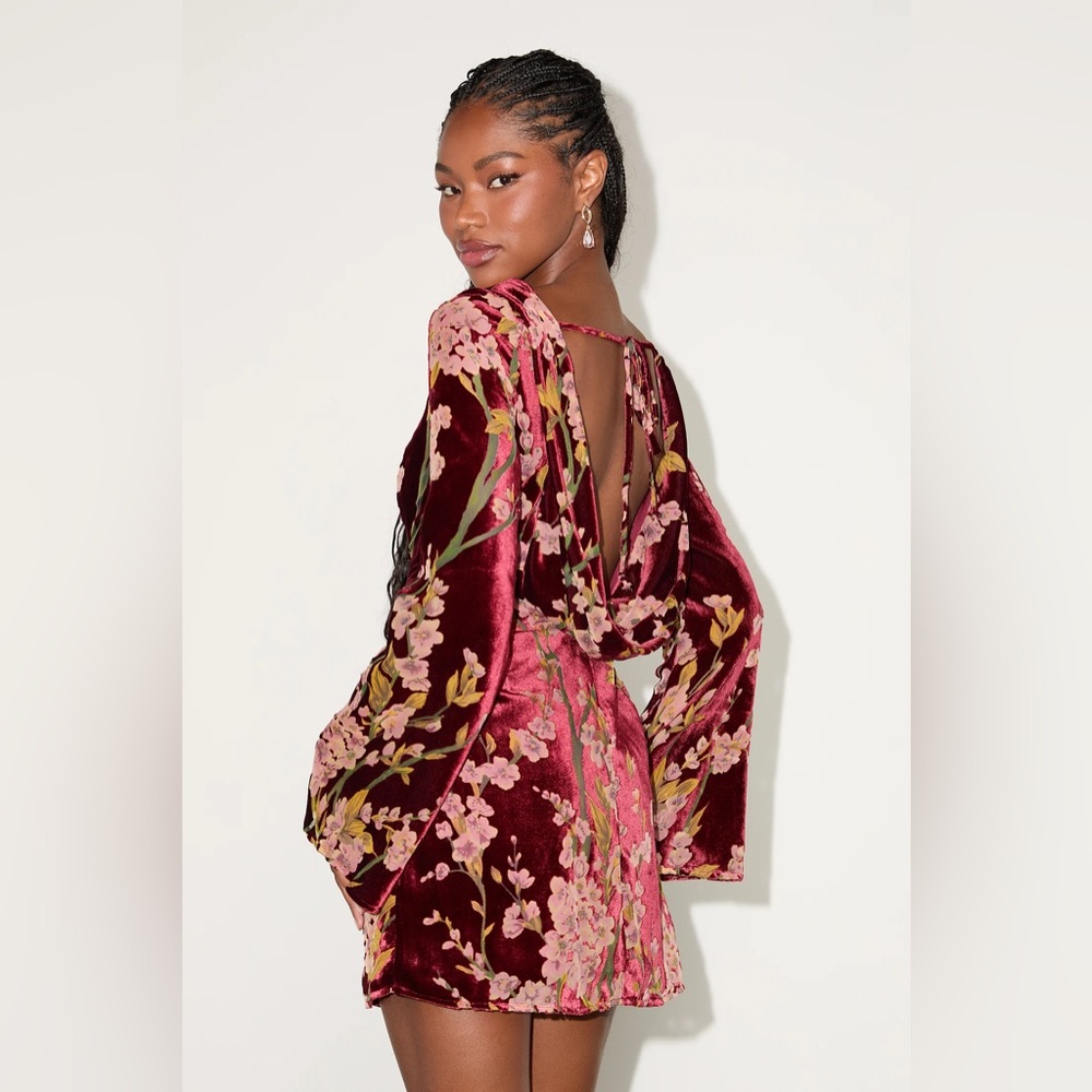 Lulu’s Charismatic Influence Red Burnout Velvet Cowl Back Mini Dress